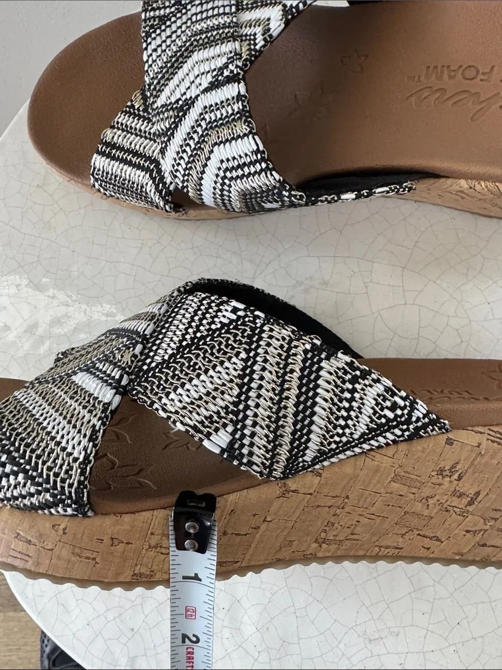 Skechers Black & White Textile Woven Cork Wedge Slides Slip-On Shoes Size 7.5
